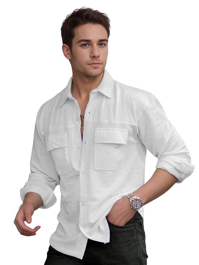 IndoPrimo Men's Regular Fit Fancy Double Pocket Casual Shirt for Men Full Sleeves - Cargo
